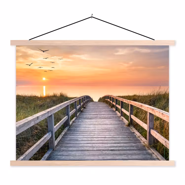 Zonsonderang - Zee - Pad - Gras - Duin - Vogels textielposter latten blank klein -3d