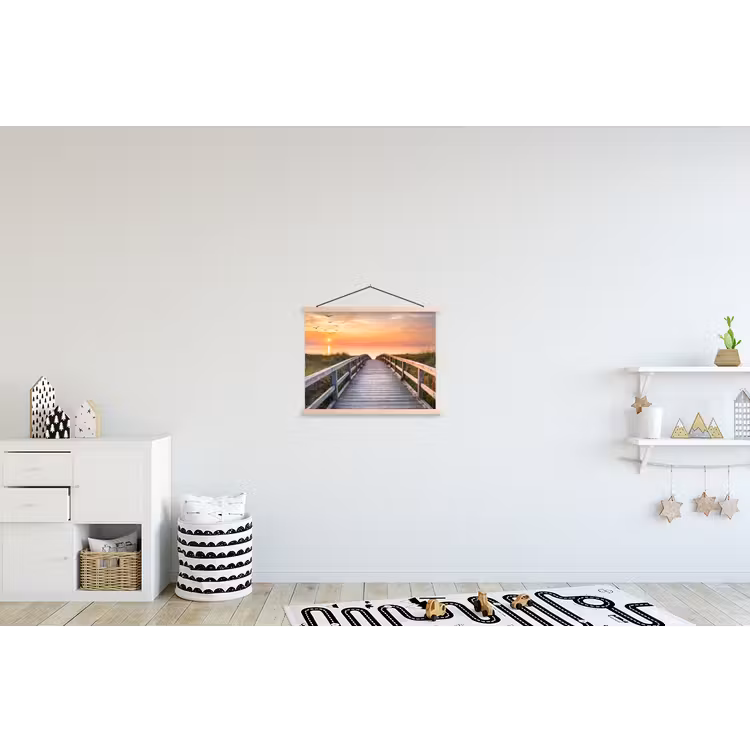 Zonsonderang - Zee - Pad - Gras - Duin - Vogels textielposter latten blank klein -kinderkamer