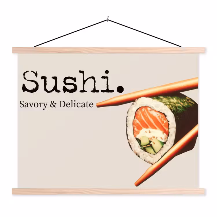 Sushi - Zalm - Rijst - Japans textielposter latten blank klein -3d