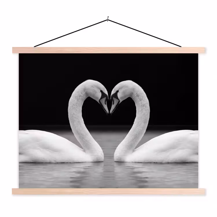 Zwanen - Hart - Zwart - Wit textielposter latten blank klein -3d