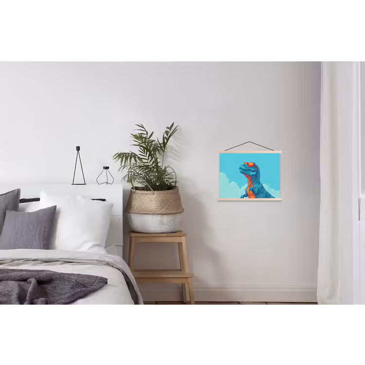 T-Rex - Blauw - Wolken - Zonnebril textielposter latten blank klein -woonkamer