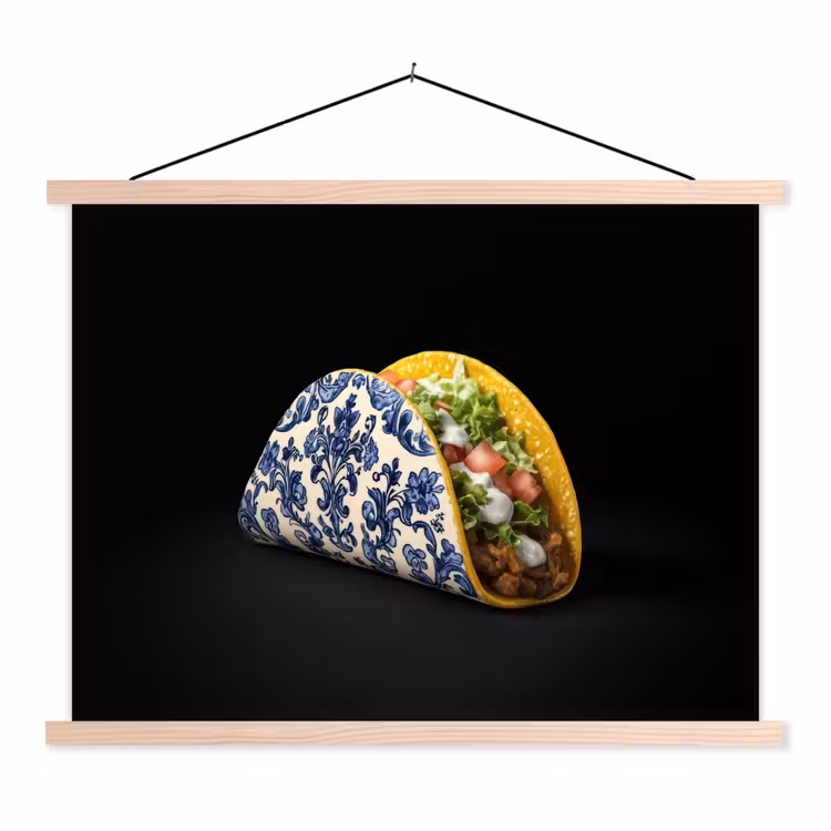 Taco - Vlees - Salade - Delftsblauw - Motief textielposter latten blank klein -3d