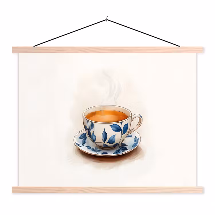 Theekop - Bladeren - Blauw textielposter latten blank klein -3d