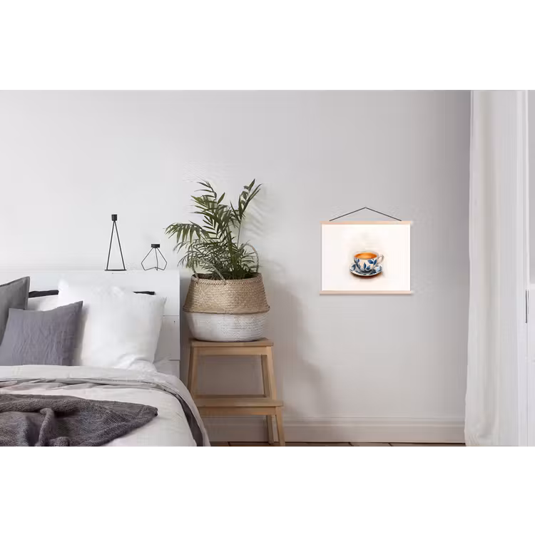 Theekop - Bladeren - Blauw textielposter latten blank klein -woonkamer
