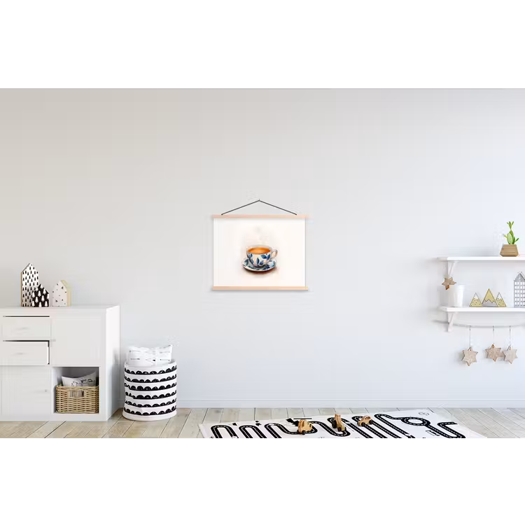 Theekop - Bladeren - Blauw textielposter latten blank klein -kinderkamer