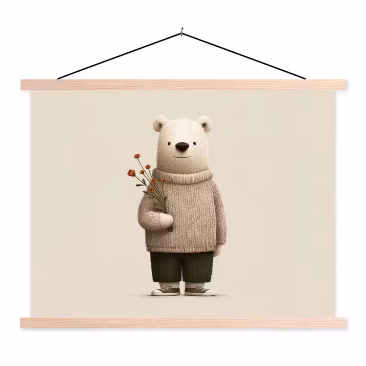 Knuffelbeer - Oranje bloemen - Vriendelijk textielposter latten blank klein -3d