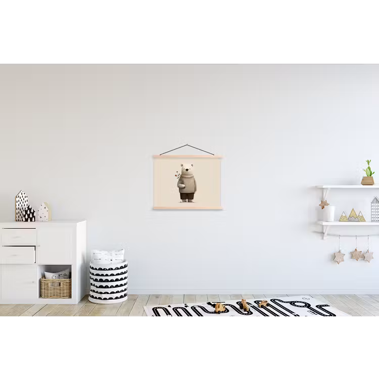 Knuffelbeer - Oranje bloemen - Vriendelijk textielposter latten blank klein -kinderkamer