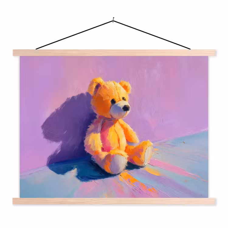 Teddybeer - Schaduw - Penseelstreken - Paars textielposter latten blank klein -3d