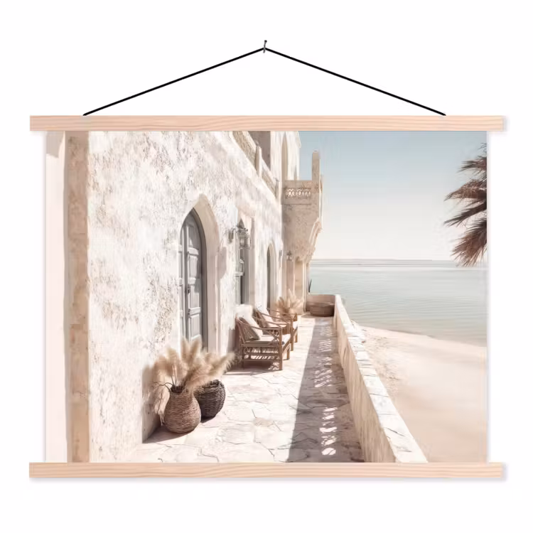 Terras - Stoelen - Strand - Beige textielposter latten blank klein -3d