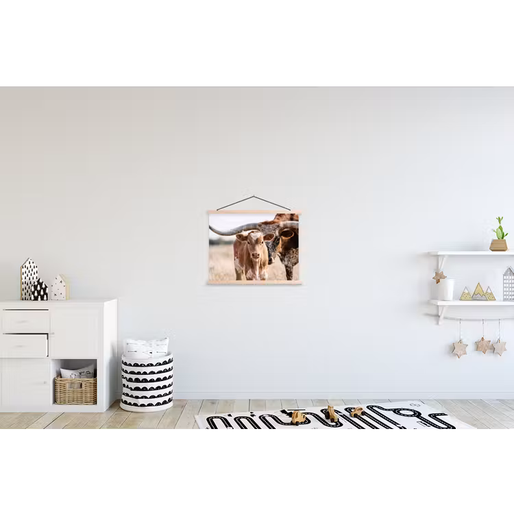 Texas Longhorn - Kalf - Weide - Dieren textielposter latten blank klein -kinderkamer