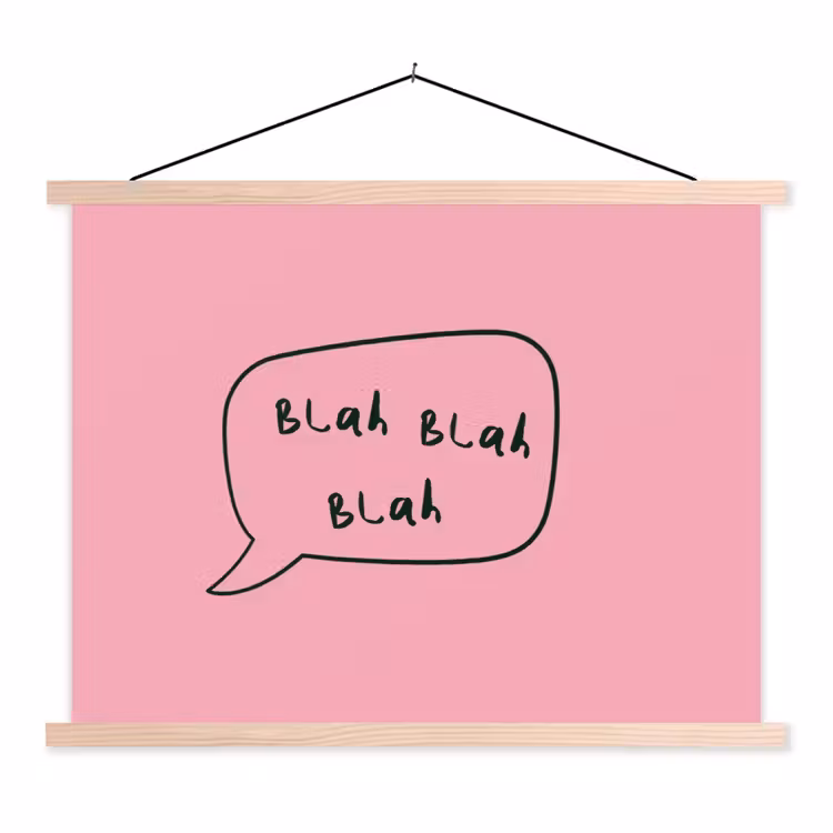 Tekstwolkje - BLAH BLAH BLAH - Roze textielposter latten blank klein -3d