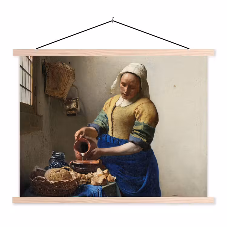 Het melkmeisje - Schilderij van Johannes Vermeer textielposter latten blank klein -3d