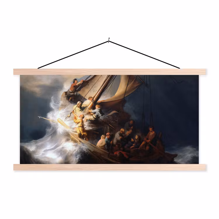 De storm op het meer van Galilea - Rembrandt van Rijn textielposter latten blank klein -3d