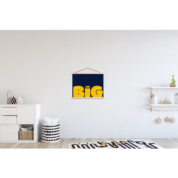 Think big - Blauw - Geel textielposter latten blank klein -kinderkamer
