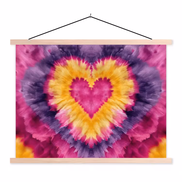 Tie dye - Hartvorm - Vlammen - Oranje textielposter latten blank klein -3d