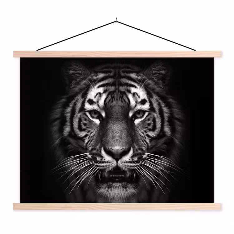 Tijger - Dieren - Zwart - Wit - Portret - Wild textielposter latten blank klein -3d