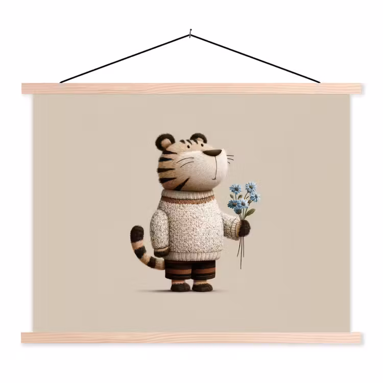Tijger - Blauwe bloemen - Rustig textielposter latten blank klein -3d