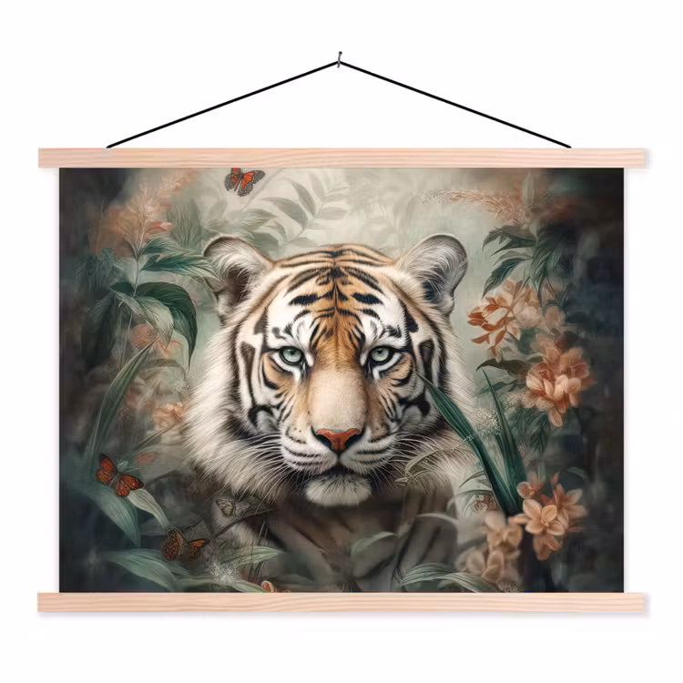 Tijger - Vlinders - Dieren - Jungle - Bloemen textielposter latten blank klein -3d