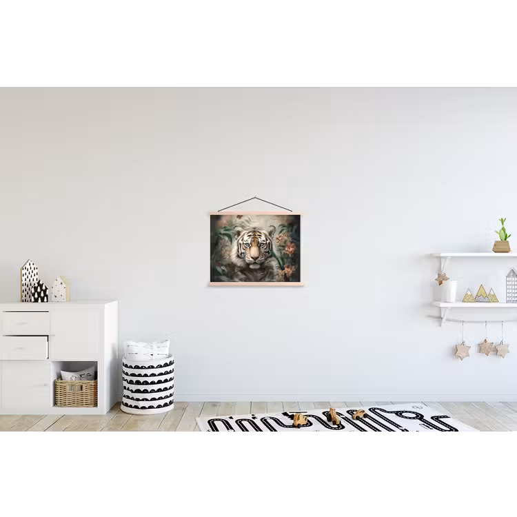 Tijger - Vlinders - Dieren - Jungle - Bloemen textielposter latten blank klein -kinderkamer
