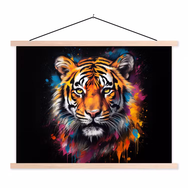 Tijger - Graffiti - Dieren - Zwart textielposter latten blank klein -3d
