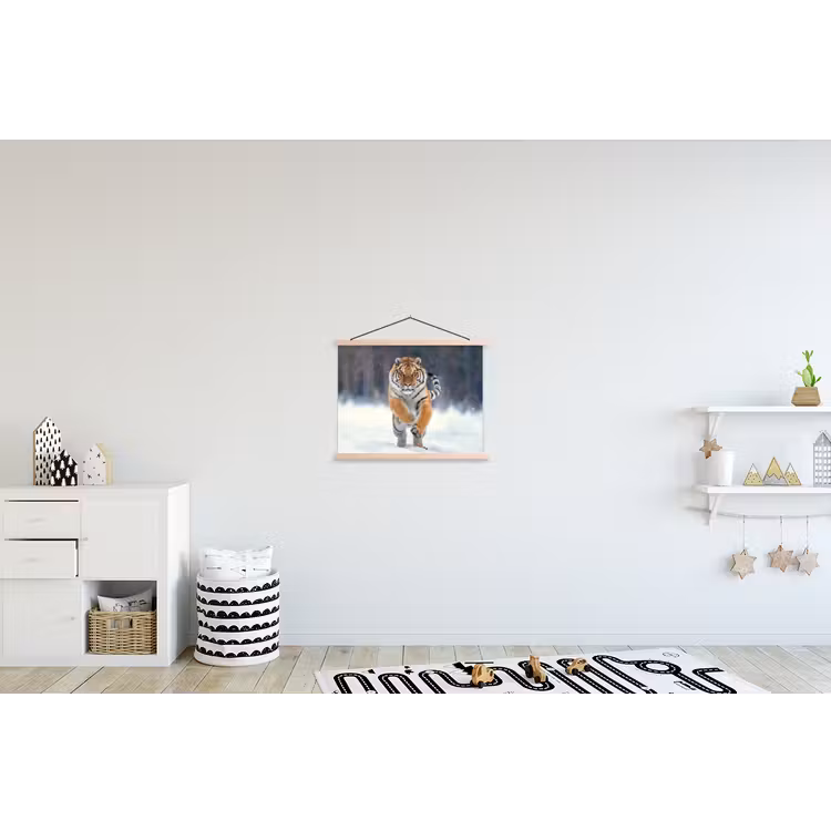 Tijger - Landschap - Sneeuw - Winter - Dieren textielposter latten blank klein -kinderkamer