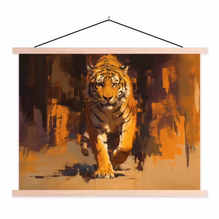 Tijger - Geschilderd - Oranje - Penseelstreken textielposter latten blank klein -3d