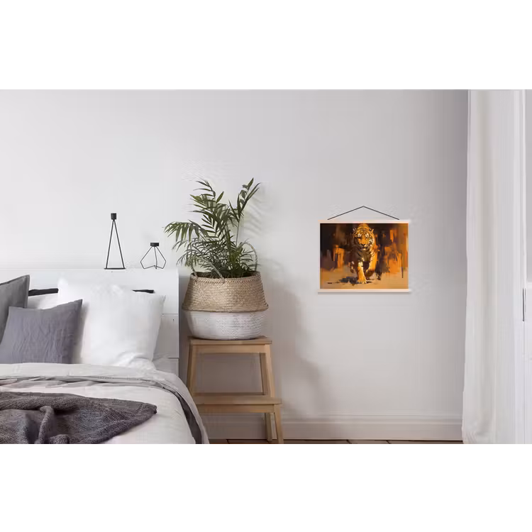 Tijger - Geschilderd - Oranje - Penseelstreken textielposter latten blank klein -woonkamer