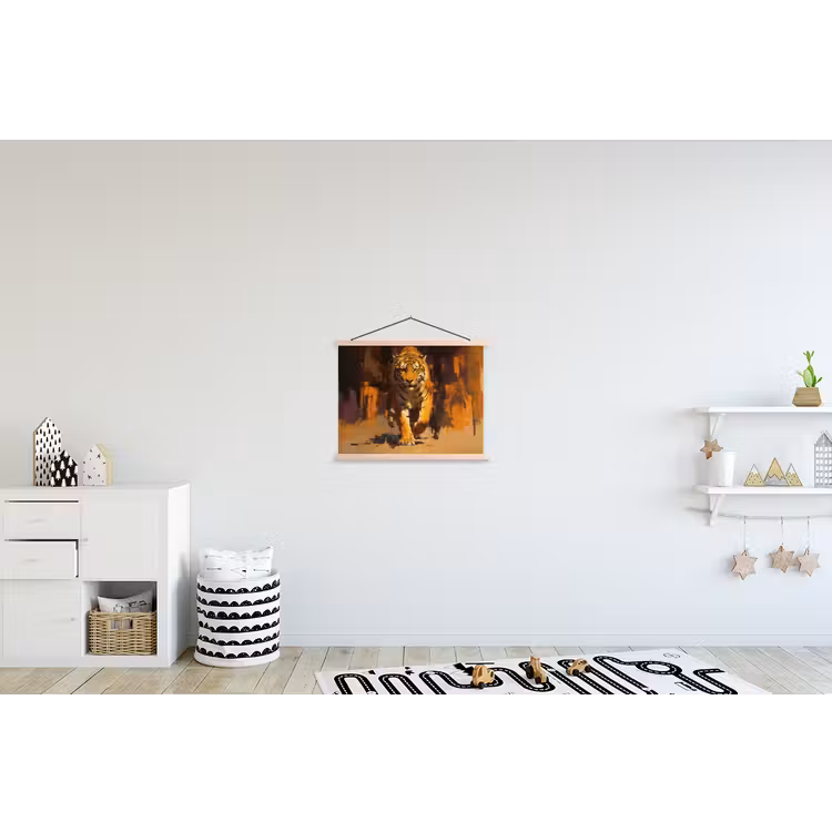 Tijger - Geschilderd - Oranje - Penseelstreken textielposter latten blank klein -kinderkamer