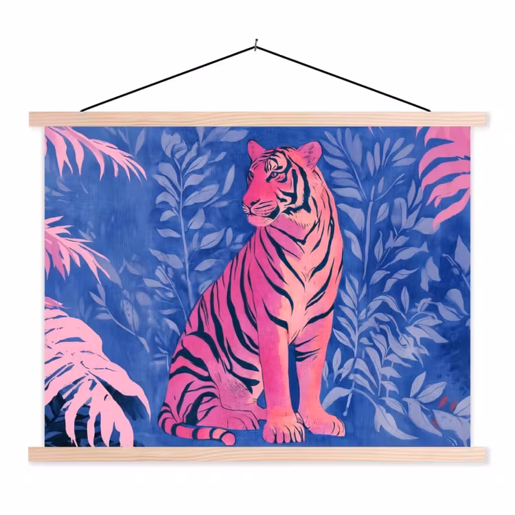 Tijger - Roze - Bladeren - Jungle textielposter latten blank klein -3d