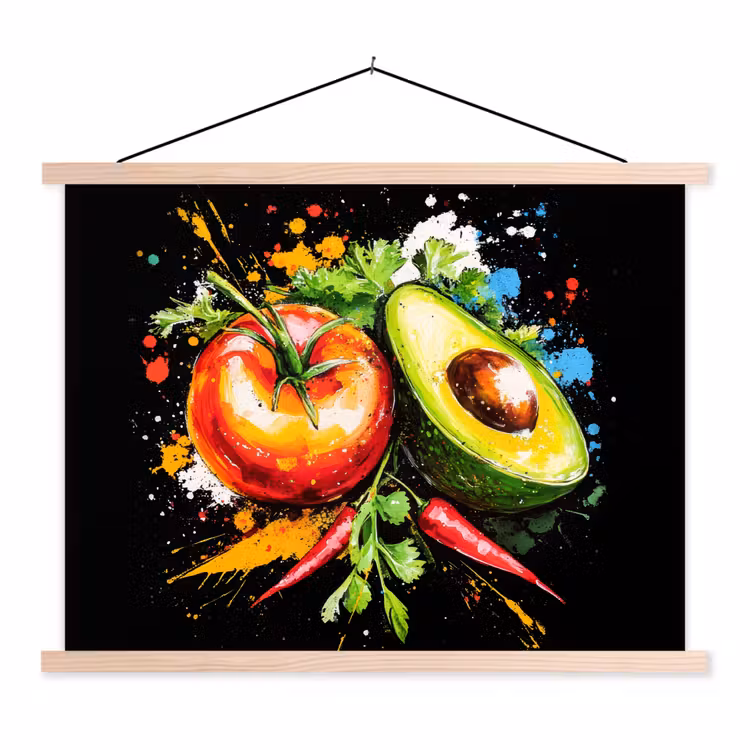 Tomaat - Avocado - Peper - Graffiti - Verf - Modern textielposter latten blank klein -3d