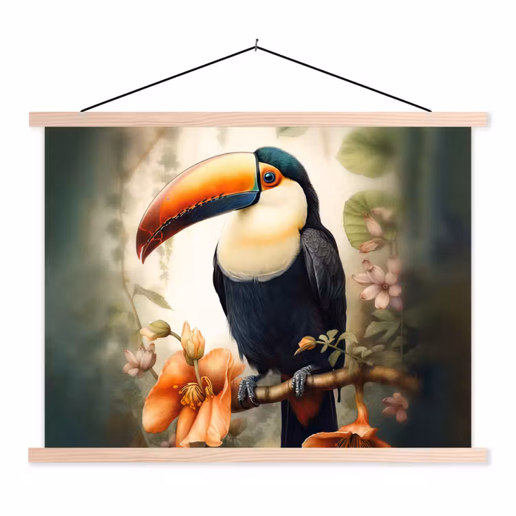 Toekan - Vogel - Bloemen - Planten textielposter latten blank klein -3d