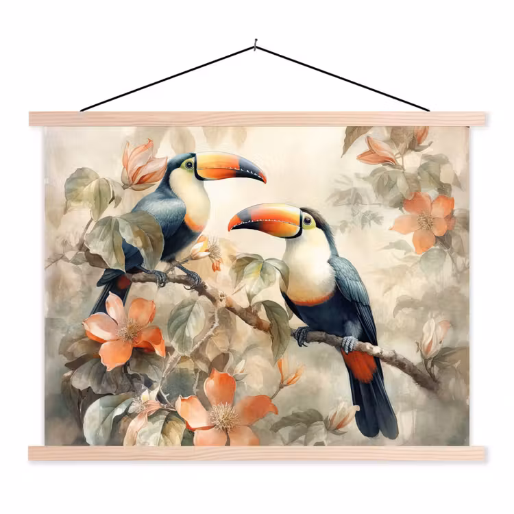 Toekan - Vogels - Bloemen - Tak textielposter latten blank klein -3d