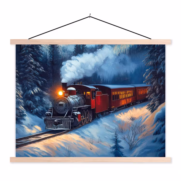 Trein - Kerst - Sneeuw - Kersttrein textielposter latten blank klein -3d