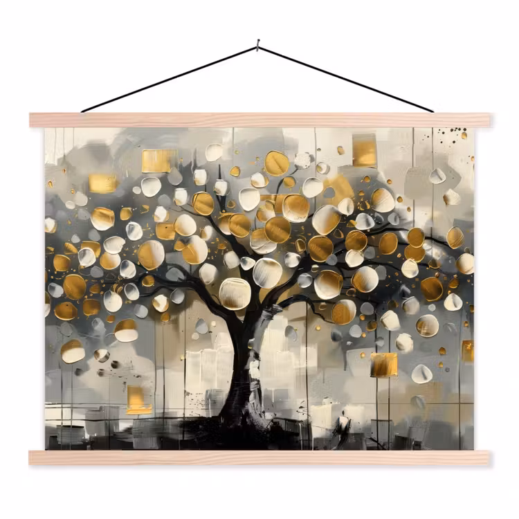 Boom - Abstract - Beige - Goud - Zwart textielposter latten blank klein -3d
