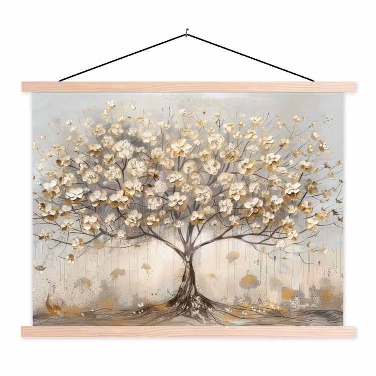 Boom - Beige - Goud - Verflook - Grijs textielposter latten blank klein -3d