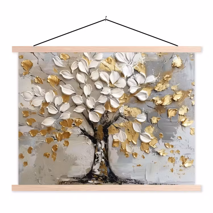 Boom - Beige - Grijs - Goud - Abstract textielposter latten blank klein -3d