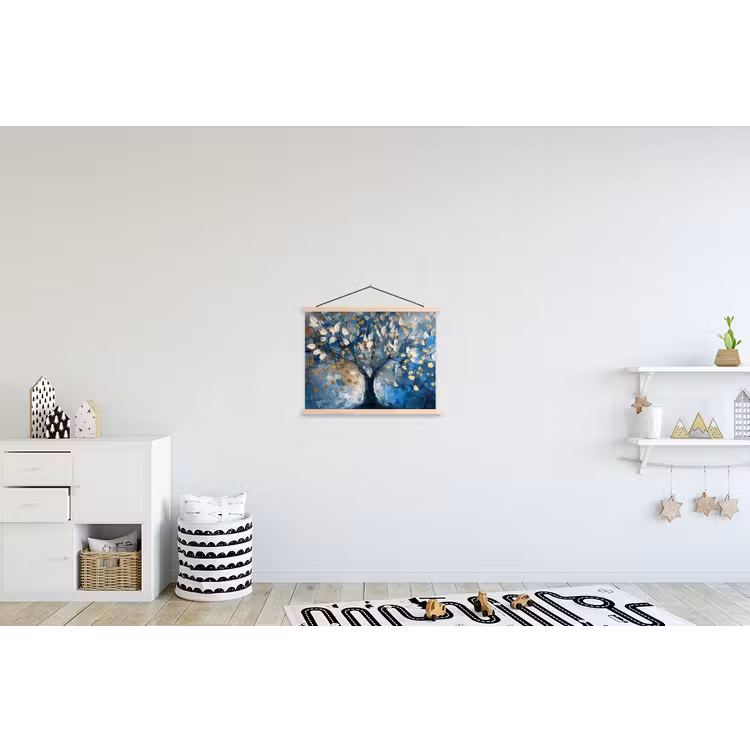 Boom - Blauw - Goud - Abstract textielposter latten blank klein -kinderkamer