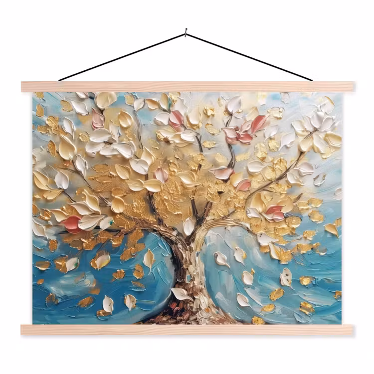 Boom - Blauw - Goud - Abstract - Modern textielposter latten blank klein -3d