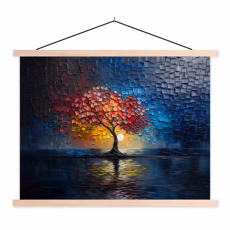 Boom - Blauw - Bladeren - Vakken textielposter latten blank klein -3d