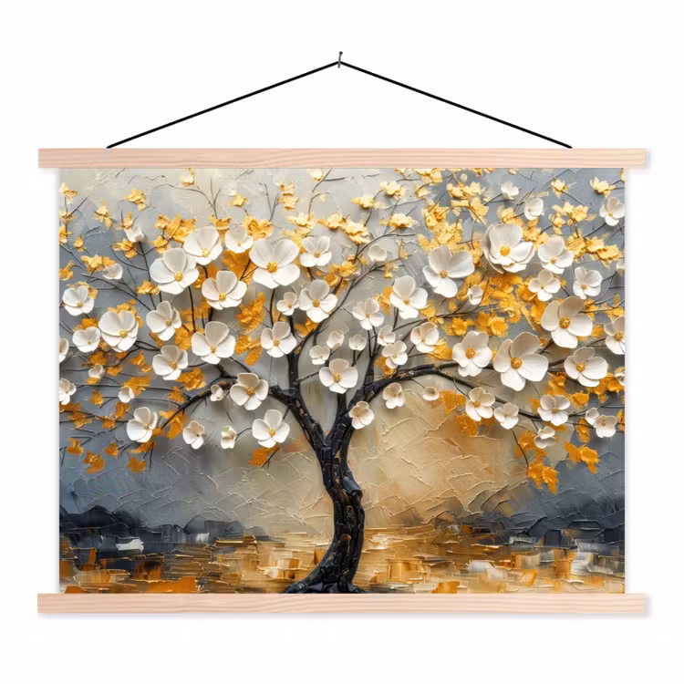 Boom - Bloemen - Goud - Beige textielposter latten blank klein -3d