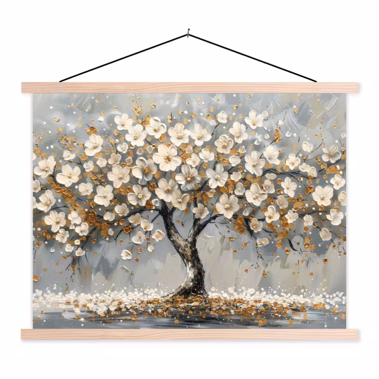 Boom - Bloemen - Wit - Natuur - Kunst textielposter latten blank klein -3d