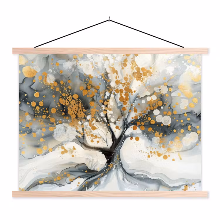 Boom - Modern - Abstract - Goud - Zwart - Wit textielposter latten blank klein -3d