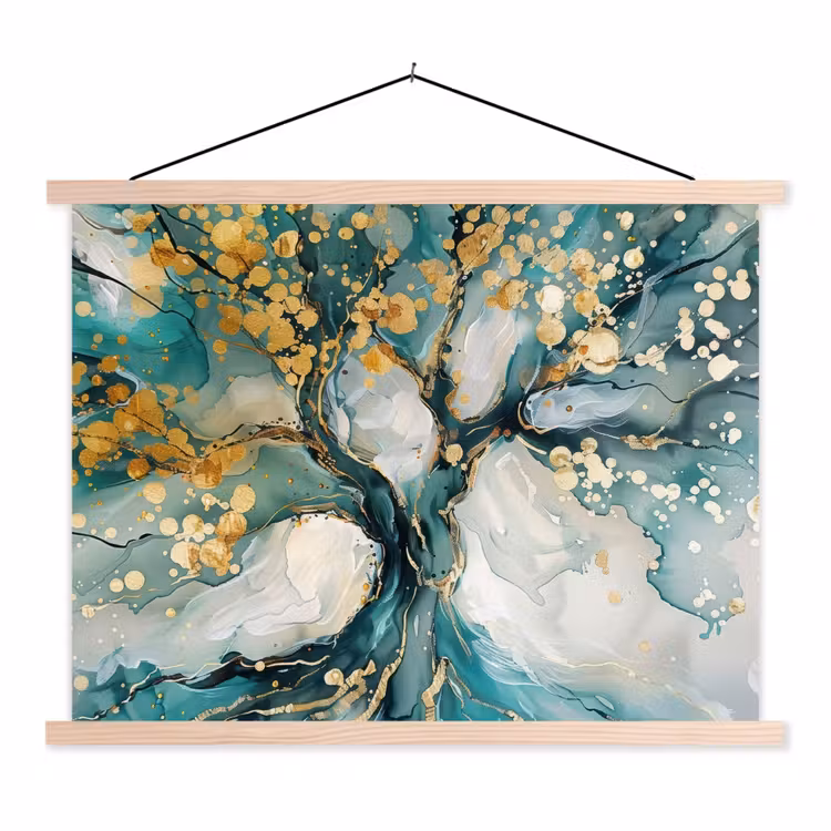Boom - Modern - Verflook - Turquoise - Goud textielposter latten blank klein -3d