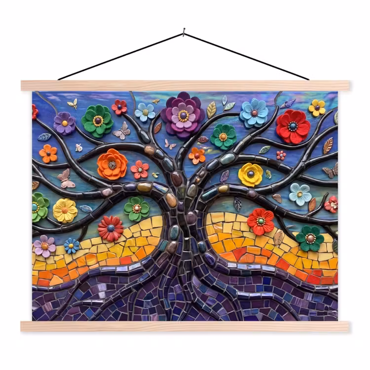 Levensboom - Mozaïek - Bloemen - Kleurrijk - Vrolijk textielposter latten blank klein -3d