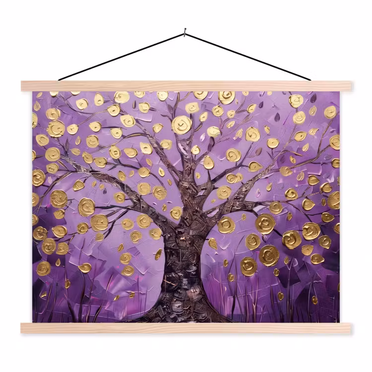 Levensboom - Boom - Paars - Goud - Modern textielposter latten blank klein -3d