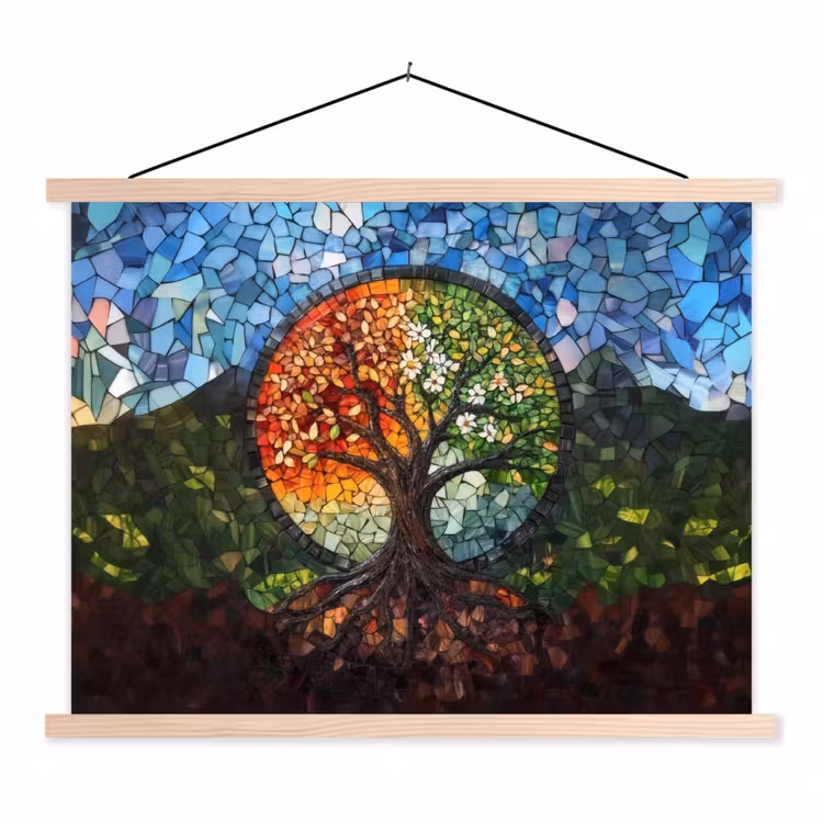 Boom - Seizoenen - Mozaïek - Bergen textielposter latten blank klein -3d