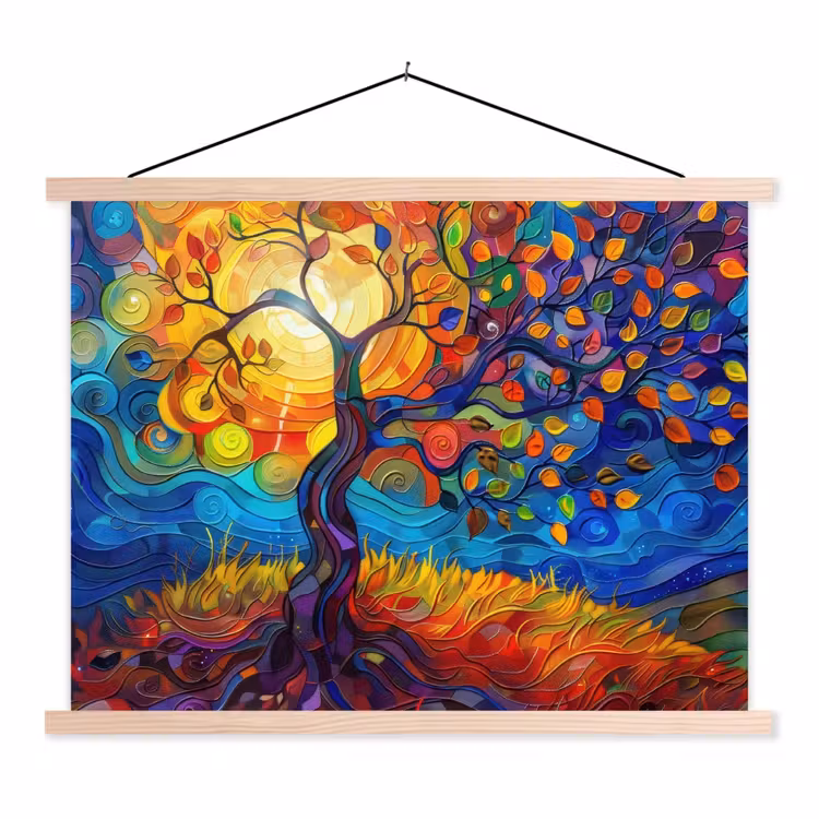 Boom - Zon - Verflook - Kleuren - Abstract textielposter latten blank klein -3d