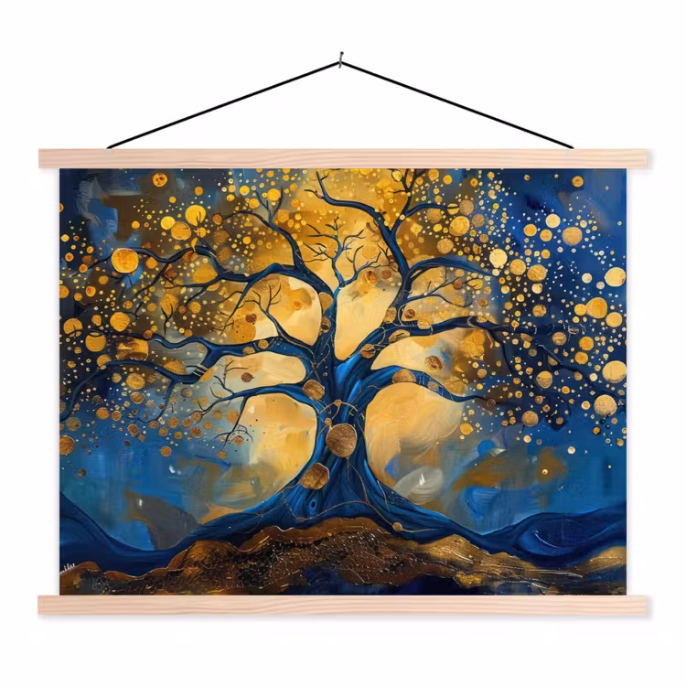 Boom - Levensboom - Blauw - Goud textielposter latten blank klein -3d