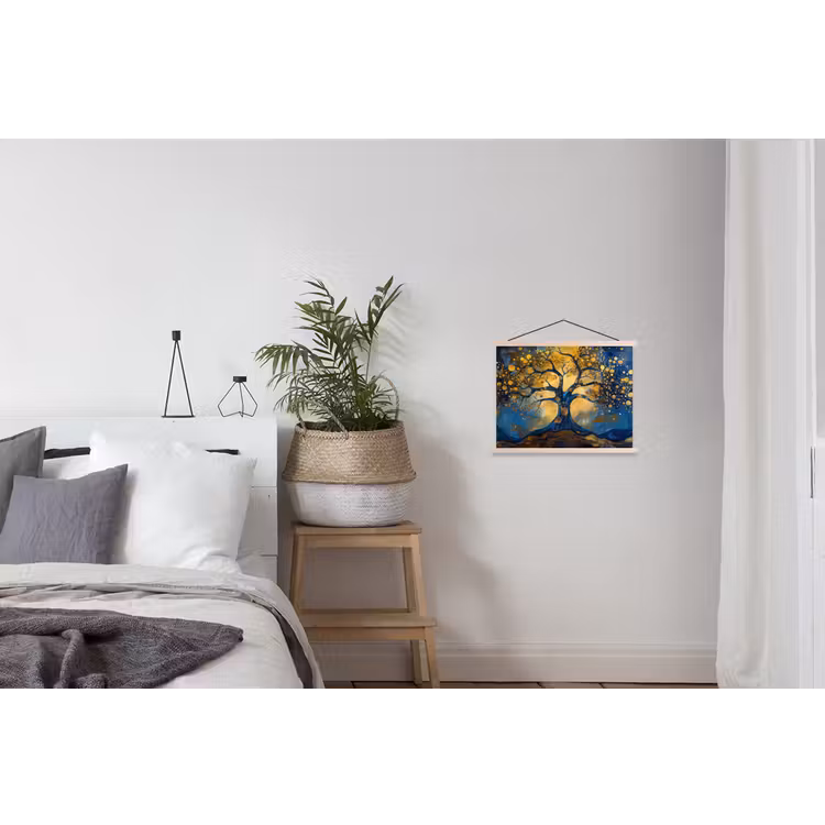Boom - Levensboom - Blauw - Goud textielposter latten blank klein -woonkamer