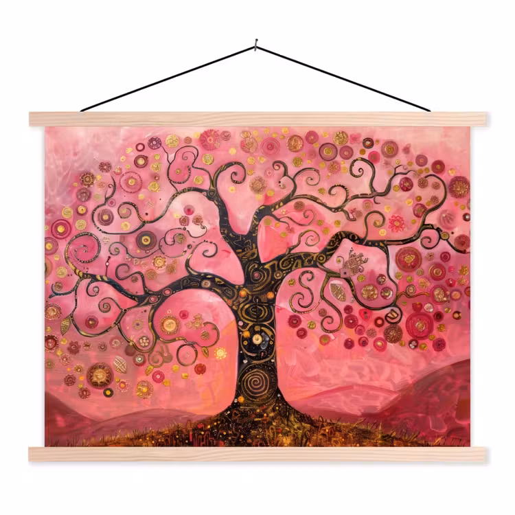 Boom - Levensboom - Roze - Goud textielposter latten blank klein -3d